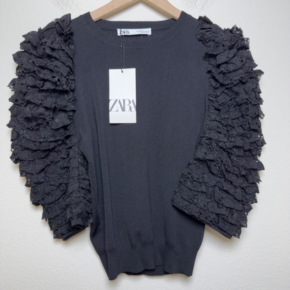 Zara Sweaters - NEW Zara Women Knit Sweater Top Medium Black‎ Lace Ruffle Sleeve Old Money